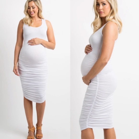 White Ruched Fitted Maternity Bodycon Midi Dress - Picture 5 of 9